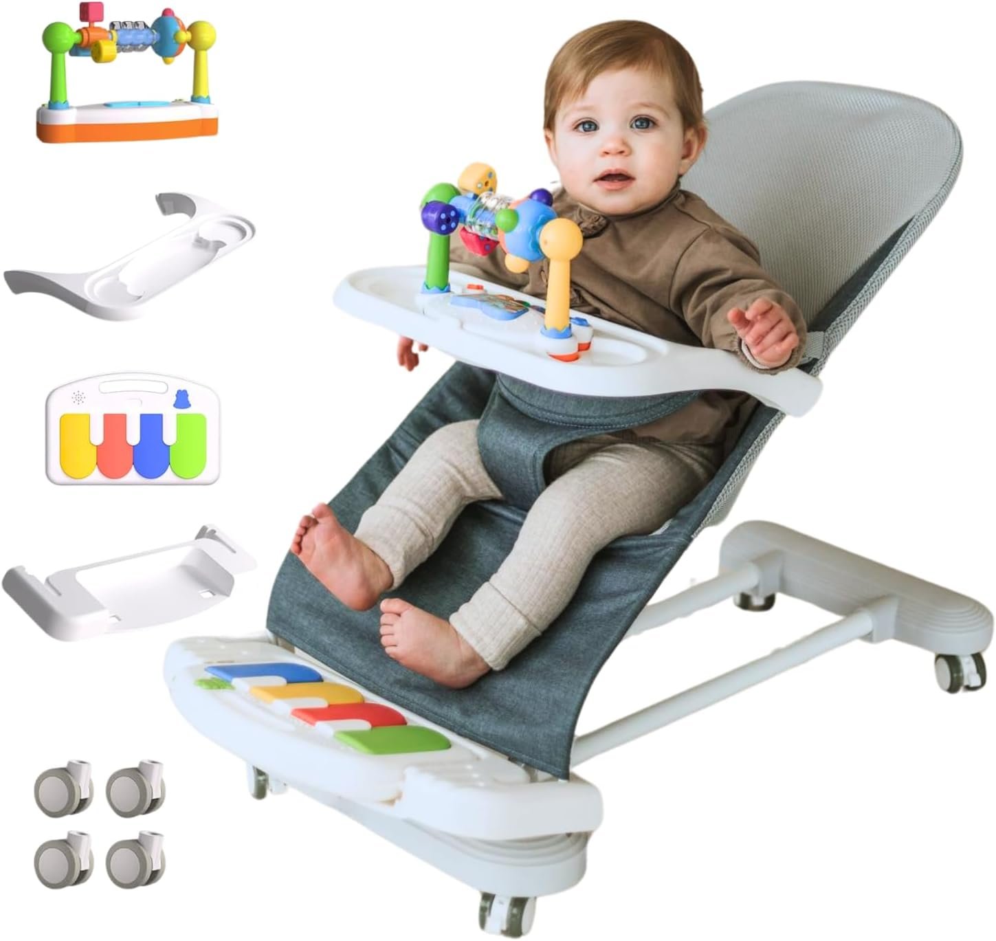 CuddoBaby Baby Bouncer 4-in-1 on Wheels 【Detachable Pianos, Feeding Tray】 3-Level Recline Foldable Seat with Play Bar for Infant to Toddler 0-6, 0-12, 12-24 Months, Baby Gift Idea, Upto 29Lbs - Blue