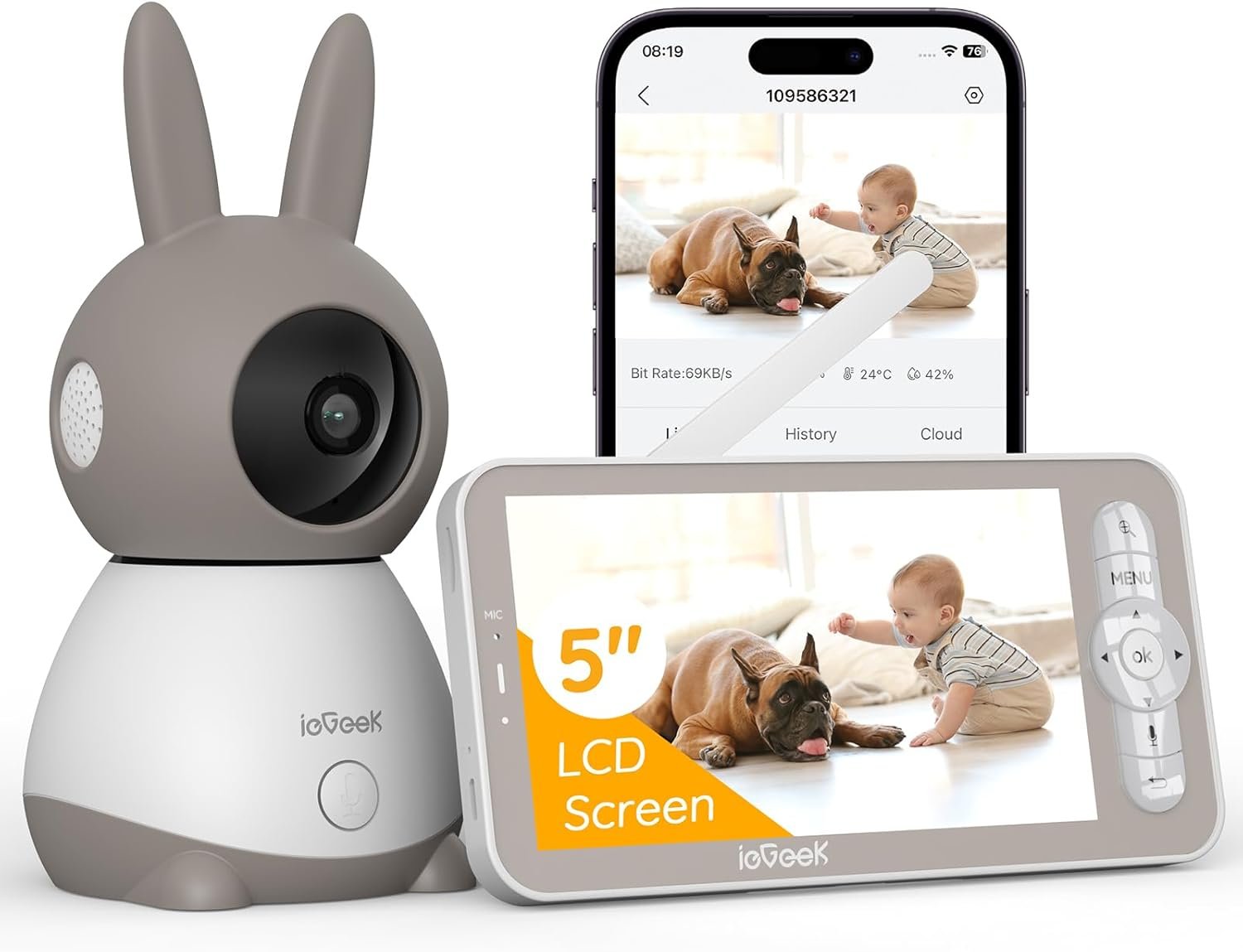 ieGeek 2K Baby Monitor (Moniteur Bébé), 360° AI & Cry Detection Video Baby Monitor Camera w/ 5" Wireless Display, Mobile APP Control & Non WiFi LCD Monitor,2 Way Audio, Temperature,Lullabies