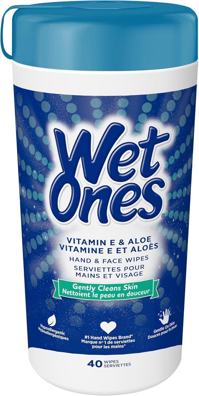 Wet Ones Vitamin E and Aloe Hand Wipes, Unscented, Wet Wipes, 40 Count Canister