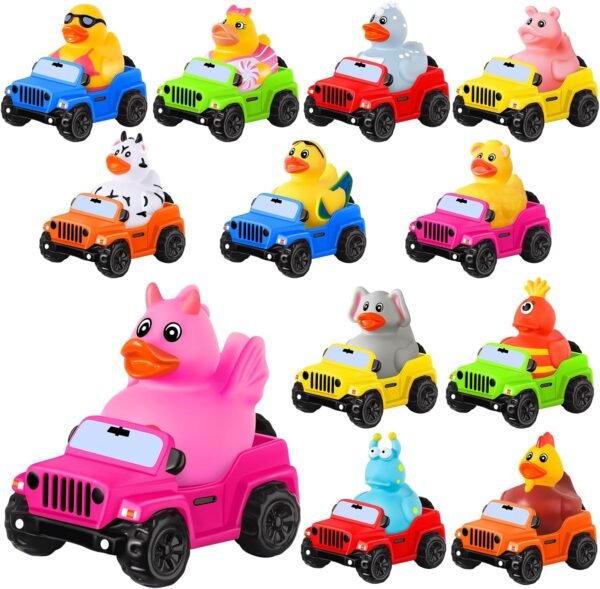 24 Pcs Rubber Ducks Ducks for Jeeps, 3.5 Inch Rubber Cars for Ducking Suitable for 2 Inch Ducks, 12 Ducks Assortment with 12 Cars, Baby Bath Toy Summer Gifts Party Favors