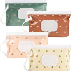 FEBSNOW 4 Pack Portable Refillable Baby Wipes Dispenser, Boho Style Rectangular EVA Wipes Case, Multicolor