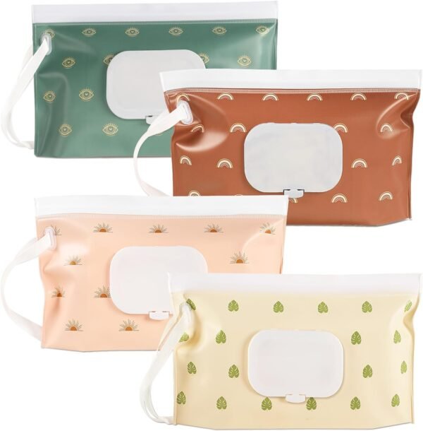 FEBSNOW 4 Pack Portable Refillable Baby Wipes Dispenser, Boho Style Rectangular EVA Wipes Case, Multicolor