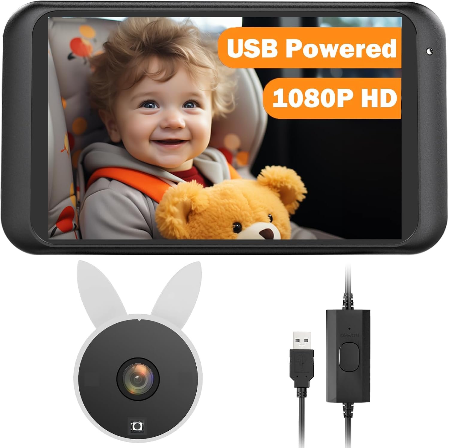 Babyvue USB Baby Car Camera, 4.5" 1080P Clear Night Vision Rear Facing Mirrors with 150° Wide Angle, 360 Rotation Car Seat Camera, Baby Must Haves for New Parents