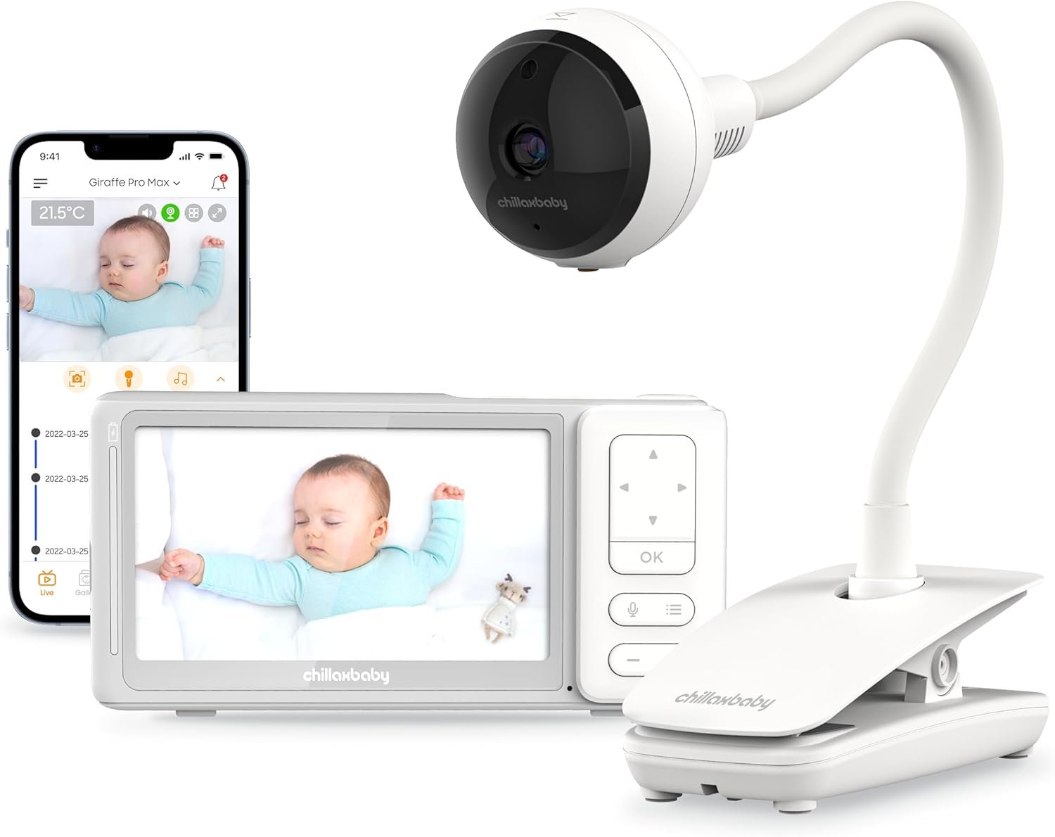 CHILLAX Giraffe Pro Max Baby Monitor – Video Baby Monitor with Full HD 1080p Camera and 5” 720P Video Parent Unit, Privacy Protection Switch, Auto Dimming LED, Gooseneck, 2-Way Audio, Night Vision