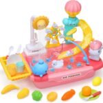 CUTE STONE Kids Play Sink with Running Water, Toddler Toy Sink with Electric Faucet, Fishing Game, Water Play Accessories, Pretend Kitchen Dishwasher, Outdoor Water Table for Toddlers Girls & Boys