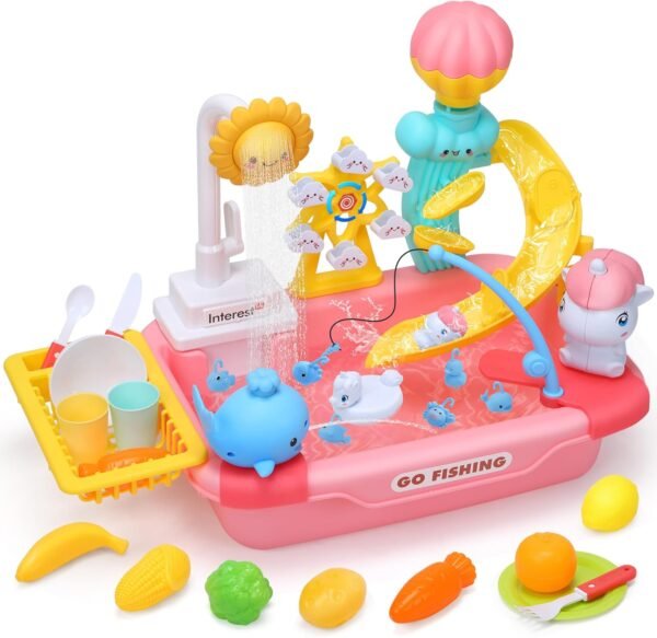 CUTE STONE Kids Play Sink with Running Water, Toddler Toy Sink with Electric Faucet, Fishing Game, Water Play Accessories, Pretend Kitchen Dishwasher, Outdoor Water Table for Toddlers Girls & Boys