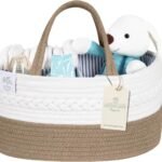 KiddyCare Diaper Tote Caddy Baskets with Dividers for Baby Boy/Girl | with Shoulder Strap, Diaper Changing Bag for Car Organizer | Storage Basket for Baby Nursery | Natural Large