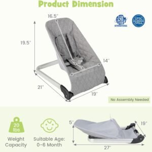 Light Gray Portable Baby Bouncer & Rocker | Vibrations, Washable Seat - Image 2