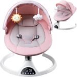 Suureks Baby Swings for Infants, Baby Rocker with 5 Unique Motions, Natural Sway Baby Swing, LED Touch Panel,Music Speaker,Remote Control,Swing for Infants,Pink