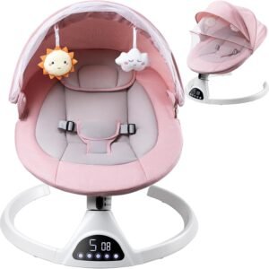 Suureks Baby Swings for Infants, Baby Rocker with 5 Unique Motions, Natural Sway Baby Swing, LED Touch Panel,Music Speaker,Remote Control,Swing for Infants,Pink