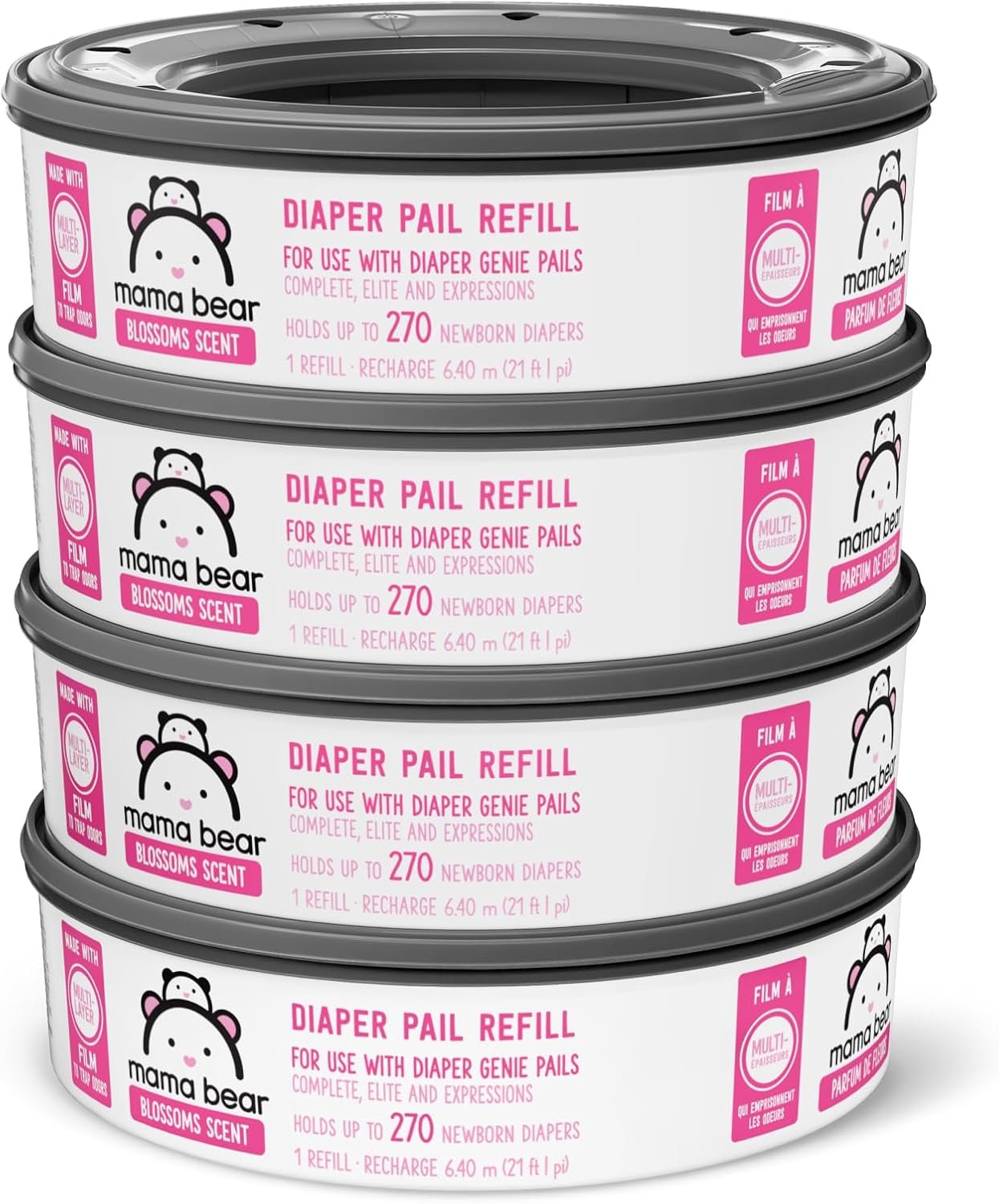 Amazon Brand - Mama Bear Blossoms Scented Diaper Pail Refills for Diaper Genie Pails, 1080 Count (4 Packs of 270 Count)