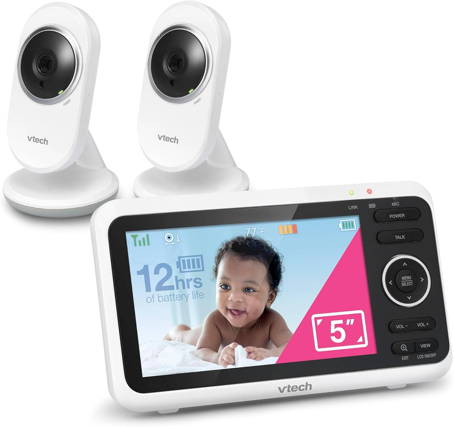 [Newly Upgraded] VTech VM350-2 Video Monitor with Battery supports 12-hr Video-mode, 21-hr Audio-mode, 5" Screen, 2 Cameras, 1000ft Long Range, Bright Night Vision, 2-WayTalk, Auto-onScreen, Lullabies
