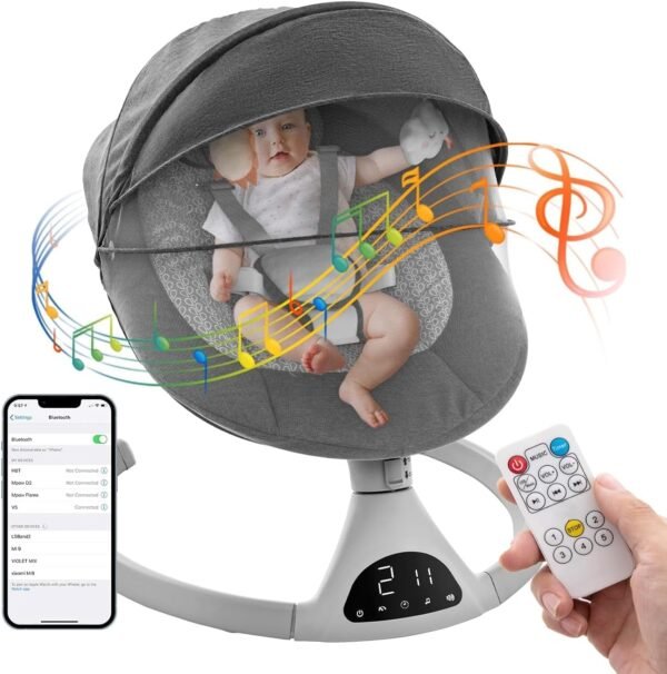 Soobaby Baby Swing for Infants,baby Bouncer for Babies,Portable Swing for Baby Boy Girl,Indoor Baby Rocker with 5 Sway Speeds,Music and Bluetooth (Dark Gray)