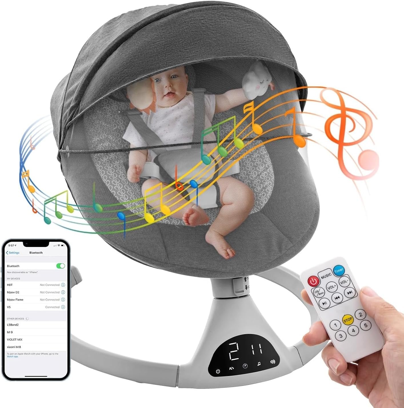 Soobaby Baby Swing for Infants,baby Bouncer for Babies,Portable Swing for Baby Boy Girl,Indoor Baby Rocker with 5 Sway Speeds,Music and Bluetooth (Dark Gray)