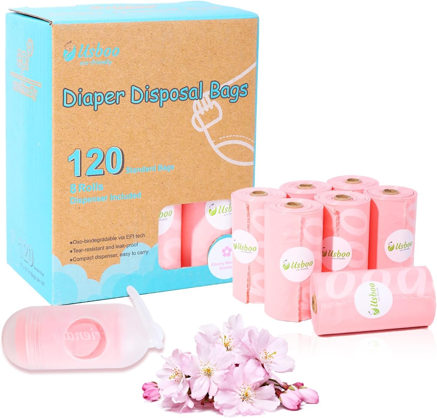 USBOO Disposable Diaper Bags for Baby - Cherry Blossom Scented, Disposable Trash Bag with Dispenser - 20 Refill Rolls (300 Pack),Ideal for Diaper Disposal