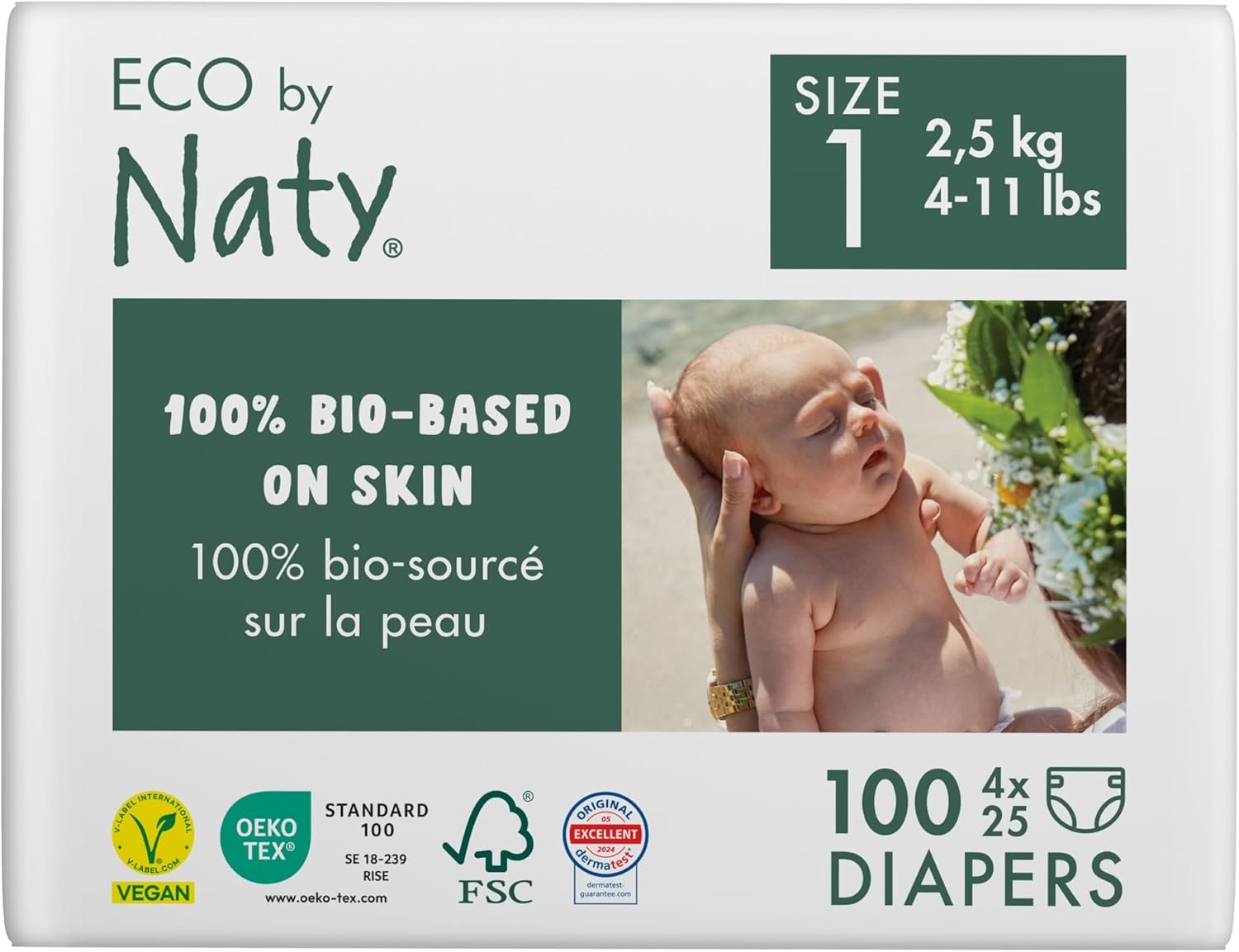 Eco by Naty Eco-Friendly Baby Diapers Newborn - 100% Plant-Based Materials on Skin, Extra Soft, for Sensitive Skin & Super Absorbent (Size 1, 100 Count)
