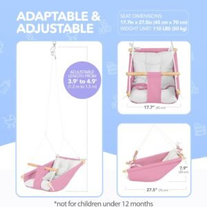 CaTeam Kids Swing - Durable Wooden Hanging Seat with Safety Belt, Pink - Image 4