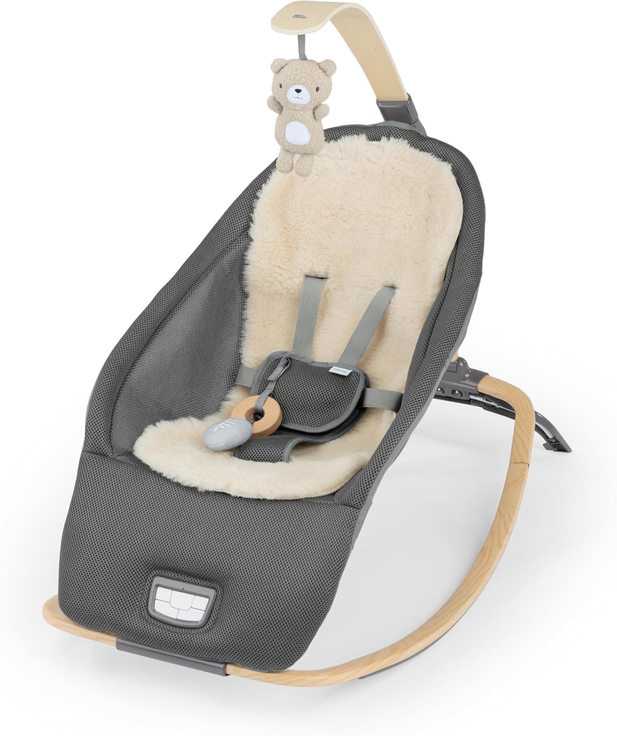 Ingenuity Every Season 2-in-1 Baby Rocker & Seat - Cooling and Warming Fabrics, Detachable Sustainable Wooden Activity Bar, Music, Vibration, for Ages 0-30 Months, Wesley (Grey)