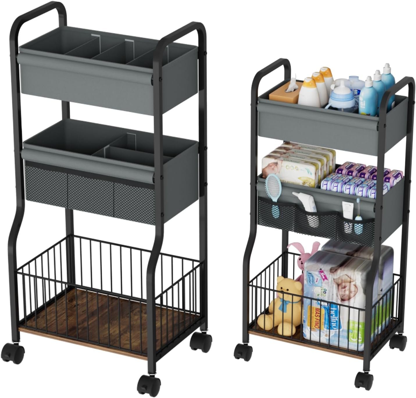NEYCIL Baby Diaper Caddy Organizer Cart, 3-Tier Rolling Diaper Cart with Lockable Wheels | 4+3 Dividers, Bedside Trolley for Baby Essentials for Nursery, Bedroom, Bathroom, Utility Cart