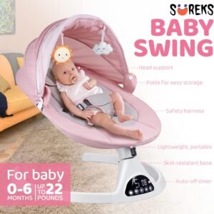 Cozy Suureks Baby Swing for Infants - 5 Motions, Remote, LED Music, Pink - Image 2
