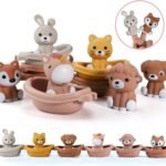 Nueplay Bathtub Toys for Toddlers 18M+，Baby Bath Toys with Animal Finger Puppets， Stackable Boat Train ，Gift for Baby & Toddlers Set of 12