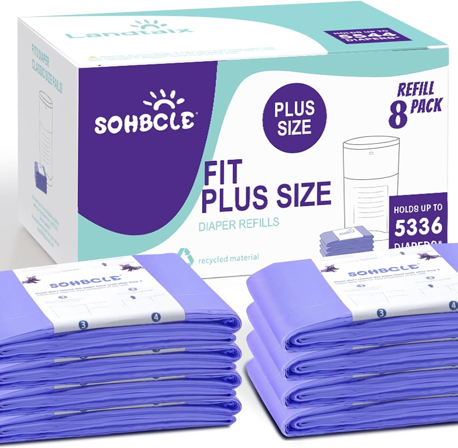 Diaper Pail Refill Bags Compatible with Dekor Plus Diaper Pail, Extra 12% Length 8 Pack, Holds up to 5336 Diapers,Extra 30% Thickness Powerful Odor Eliminate Lavender Scent Newborn Essentials