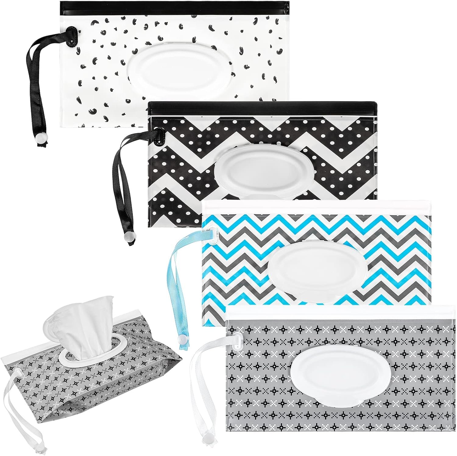 KLEBREIS 4 Pack Baby Wipe Dispenser, Portable Wet Wipe Dispenser Bags Reusable Wipes Holder with Lid, Baby Wipes Container Refillable Travel Wet Wipe Pouch