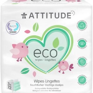 ATTITUDE Biodegradable Baby Wipes, Plant Based Unscented Diaper Wipes for Babies and Newborn, Dermatologically Tested, Vegan, 72 Count (Pack of 3)
