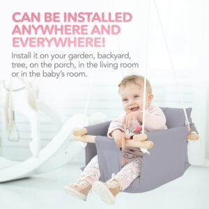 Canvas Baby Swing with Safety Belt | Indoor & Outdoor Wooden Swing - Taupe Gray - Image 7