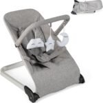 HONEY JOY Baby Bouncer, Portable Folding Infant Newborn Stationary Seat w/Vibrations, Removable Toy Bar, Safety Harness, Machine Washable Fabric, Bouncer Seat for Babies 0-6 Months up to 20 lbs (Gray)