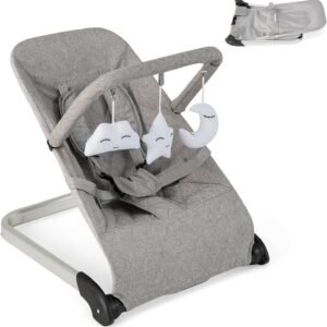 HONEY JOY Baby Bouncer, Portable Folding Infant Newborn Stationary Seat w/Vibrations, Removable Toy Bar, Safety Harness, Machine Washable Fabric, Bouncer Seat for Babies 0-6 Months up to 20 lbs (Gray)