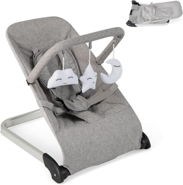HONEY JOY Baby Bouncer, Portable Folding Infant Newborn Stationary Seat w/Vibrations, Removable Toy Bar, Safety Harness, Machine Washable Fabric, Bouncer Seat for Babies 0-6 Months up to 20 lbs (Gray)