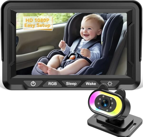 Wkzay Baby Car Camera HD 1080P - 150° Wide Angle, Night Vision, Adjustable View, LED Lights, Easy Installation, Infant Safety, Rear Seat Monitoring for Car Travel