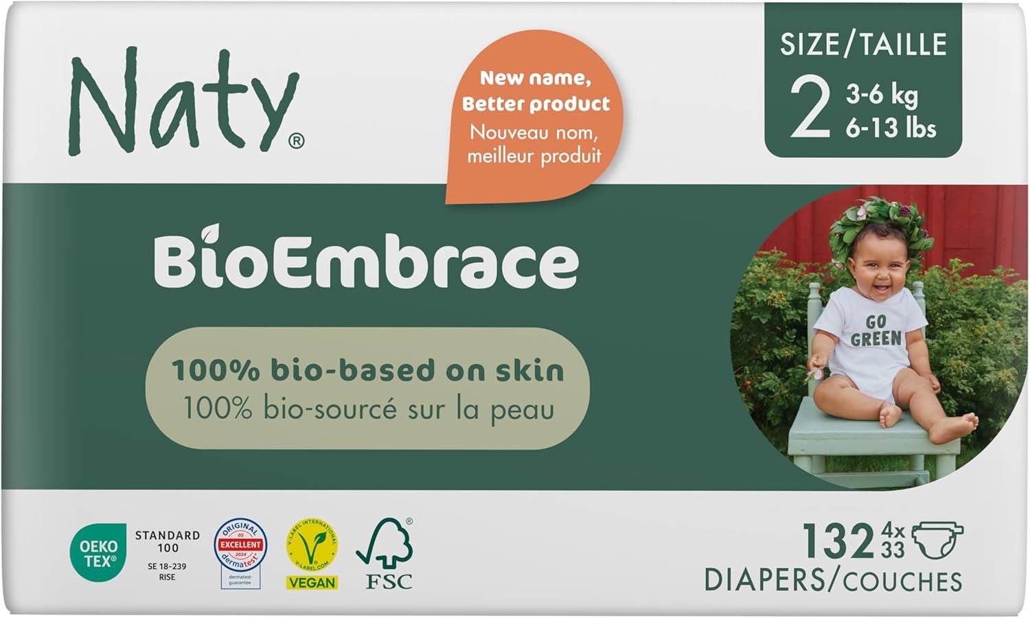 Naty BioEmbrace Baby Newborn Diapers Size 2 (6–13 lbs) | 100% Biobased on Skin | Plant-Based Softness | Dermatologically Tested, Super Absorbent | 132 Count