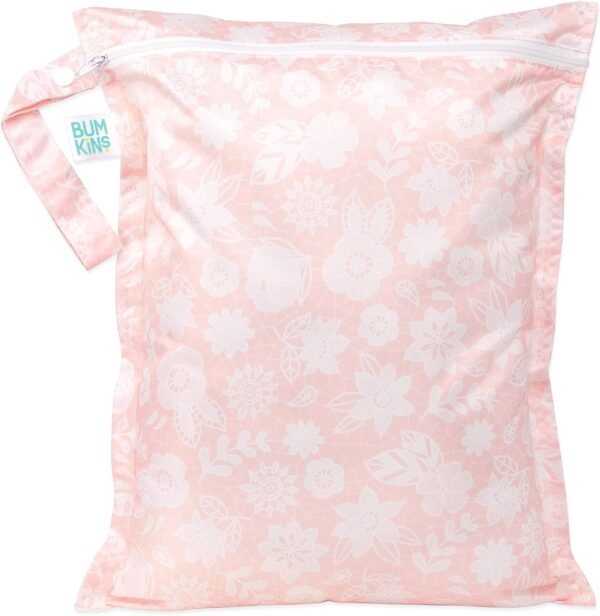 Bumkins Waterproof Wet Bag for Baby, Travel, Swim Suit, Cloth Diapers, Pump Parts, Pool, Gym Clothes, Toiletry, Hook to Stroller, Daycare, Zipper Reusable Bag, Wetdry Packing Pouch, Lace Pink