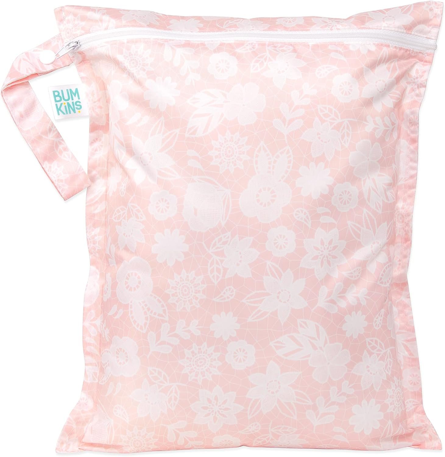 Bumkins Waterproof Wet Bag for Baby, Travel, Swim Suit, Cloth Diapers, Pump Parts, Pool, Gym Clothes, Toiletry, Hook to Stroller, Daycare, Zipper Reusable Bag, Wetdry Packing Pouch, Lace Pink