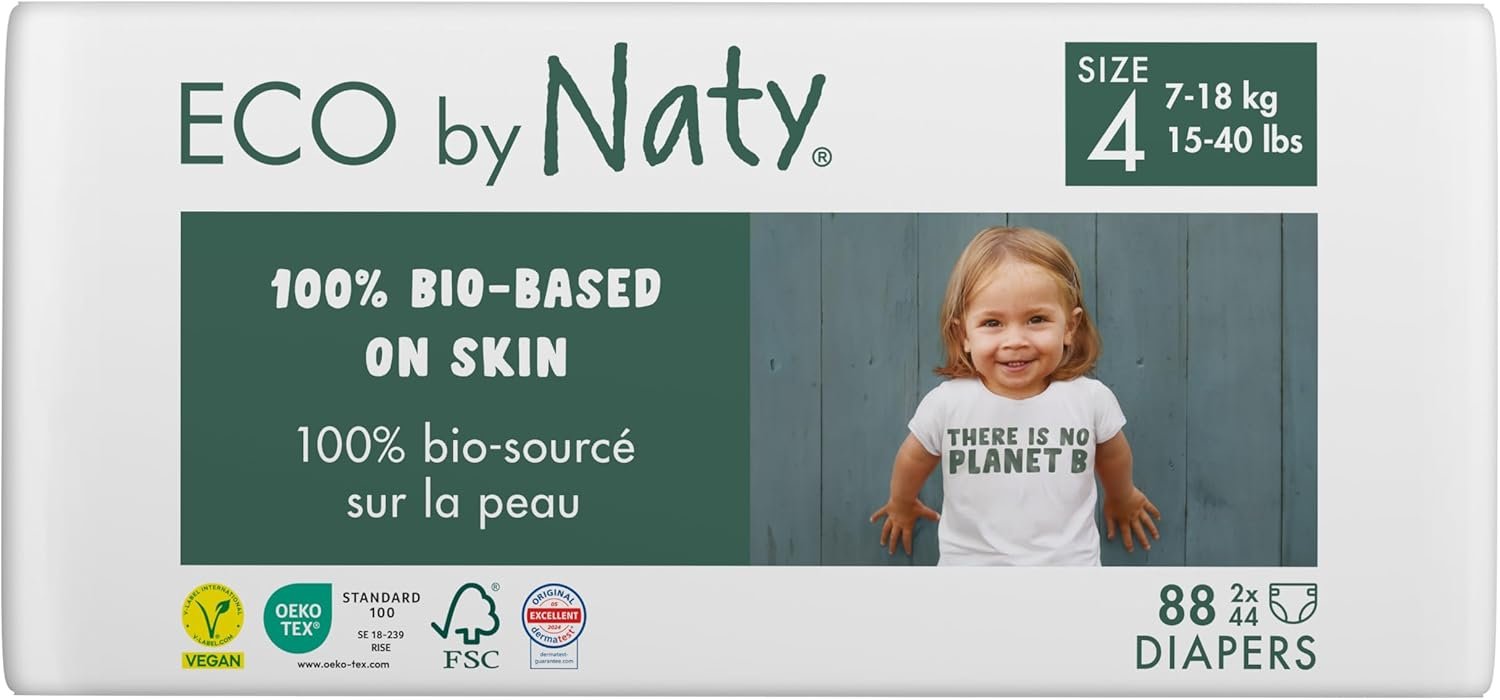 Eco by Naty Premium Disposable Baby Diapers for Sensitive Skin, Size 4, 2 Packs of 44 (88 Diapers) (Chemical, dioxin, Fragrance Free)