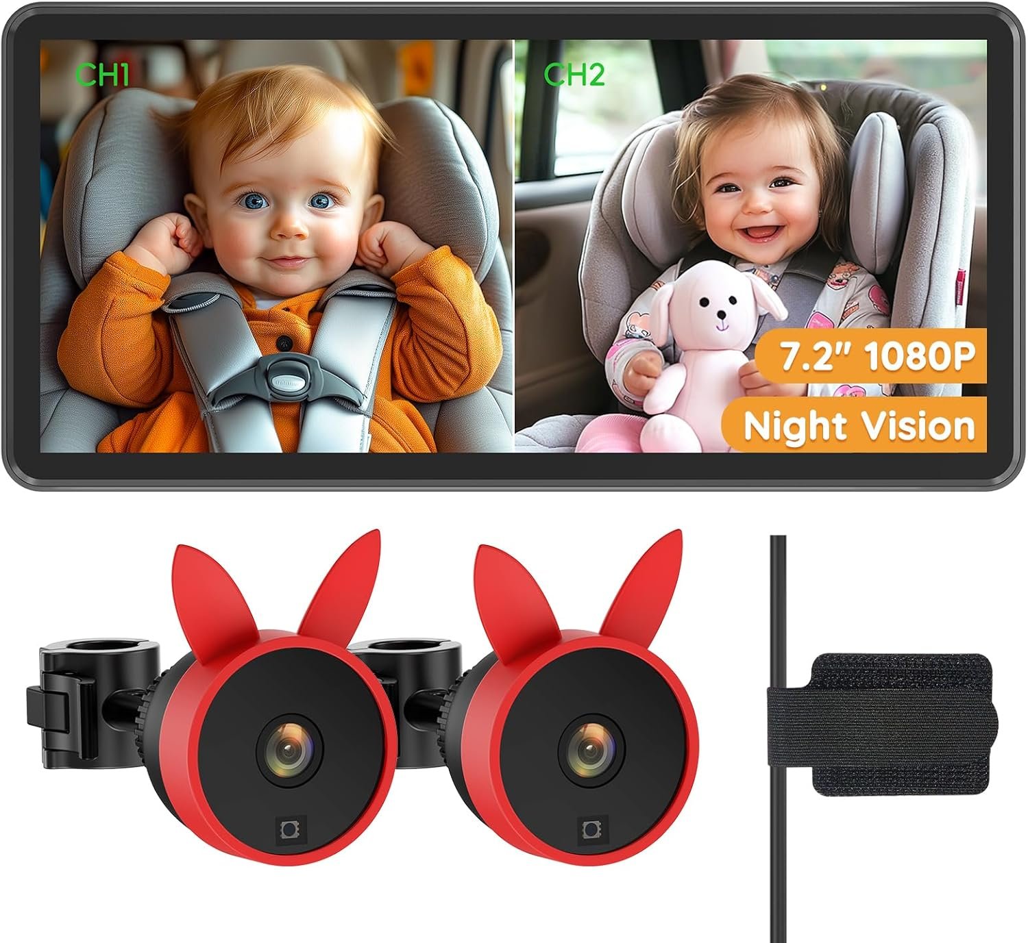 Babyvue Baby Car Camera for 2 Kids - 7.2" Large HD Display Dual Channel Baby Monitor, Clear 1080P IR Night Vision Car Seat Camera, Easy Install & Secure Rear-Facing View