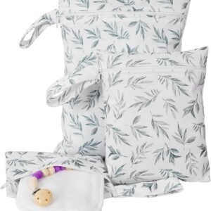 Wet Dry Bag, 3pcs/set Leaf Printed Wet Bags with Zipper, Waterproof Diaper Bag Organizing, Washable Travel Bags for Swimsuits Wet Clothes