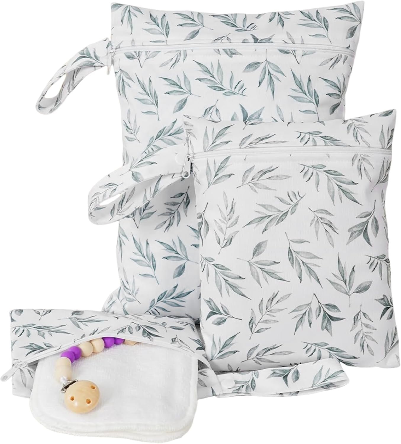 Wet Dry Bag, 3pcs/set Leaf Printed Wet Bags with Zipper, Waterproof Diaper Bag Organizing, Washable Travel Bags for Swimsuits Wet Clothes
