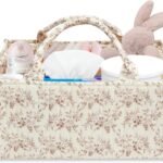 Floral Diaper Caddy Organizer, Portable Baby Storage Basket with Handle, Large Nursery Storage Bin and Car Organizer for Wipes, Gift for Baby Shower, Newborn Essentials, Baby Registry Must Have