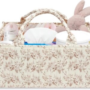 Floral Diaper Caddy Organizer, Portable Baby Storage Basket with Handle, Large Nursery Storage Bin and Car Organizer for Wipes, Gift for Baby Shower, Newborn Essentials, Baby Registry Must Have