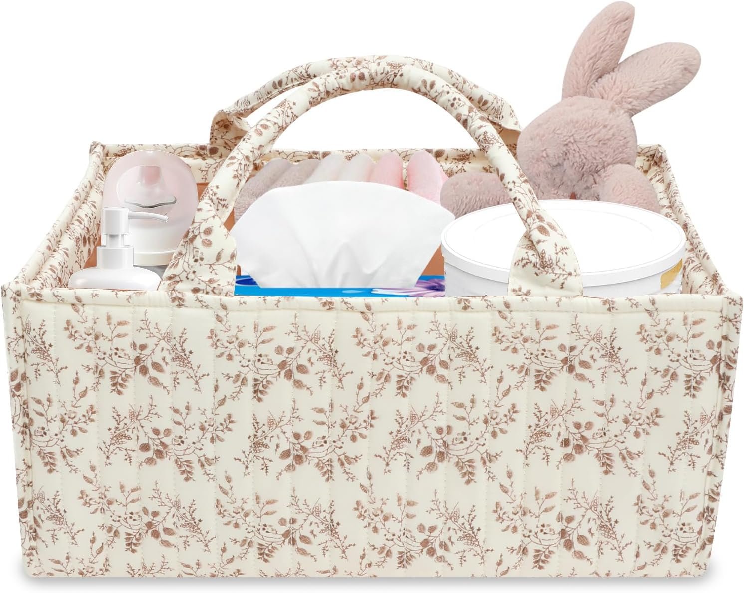 Floral Diaper Caddy Organizer, Portable Baby Storage Basket with Handle, Large Nursery Storage Bin and Car Organizer for Wipes, Gift for Baby Shower, Newborn Essentials, Baby Registry Must Have