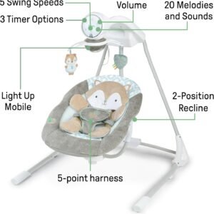 InLighten 5-Speed Baby Swing - Swivel Seat, 5-Point Harness, Sounds, Lights - Kitt Fox - Image 4