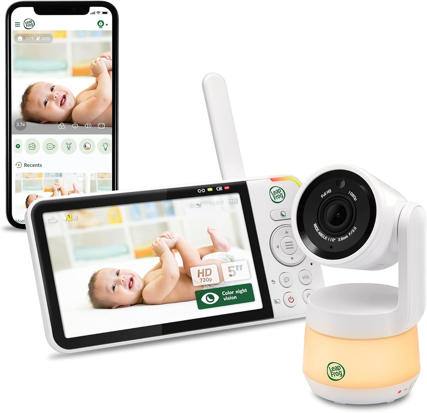 LeapFrog LF925HD 1080p WiFi Remote Access 360 Degree Pan & Tilt Video Baby Monitor with 5” High Definition 720p Display, Night Light, Color Night Vision (White), One Size