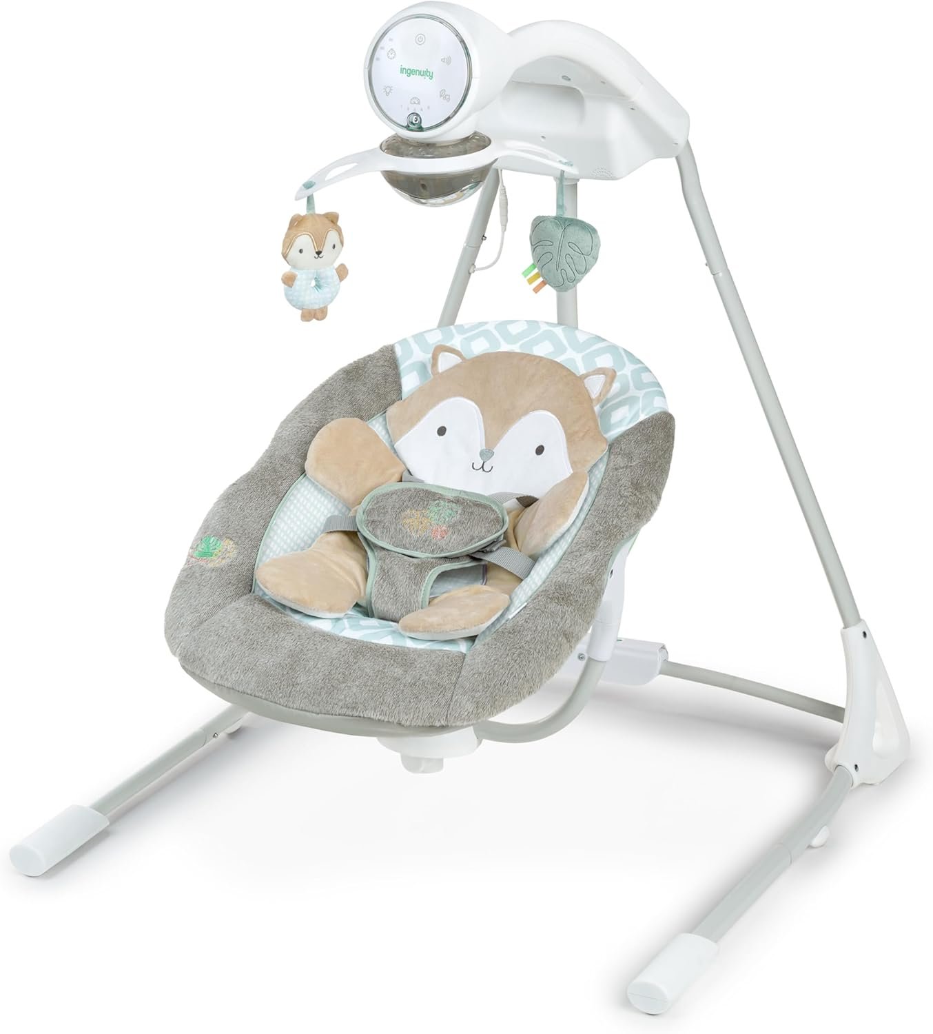 Ingenuity InLighten 5-Speed Baby Swing - Swivel Infant Seat, 5 Point Safety Harness, Nature Sounds, Lights - Kitt Fox