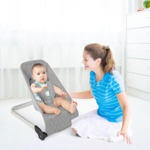 Light Gray Portable Baby Bouncer & Rocker | Vibrations, Washable Seat - Image 8