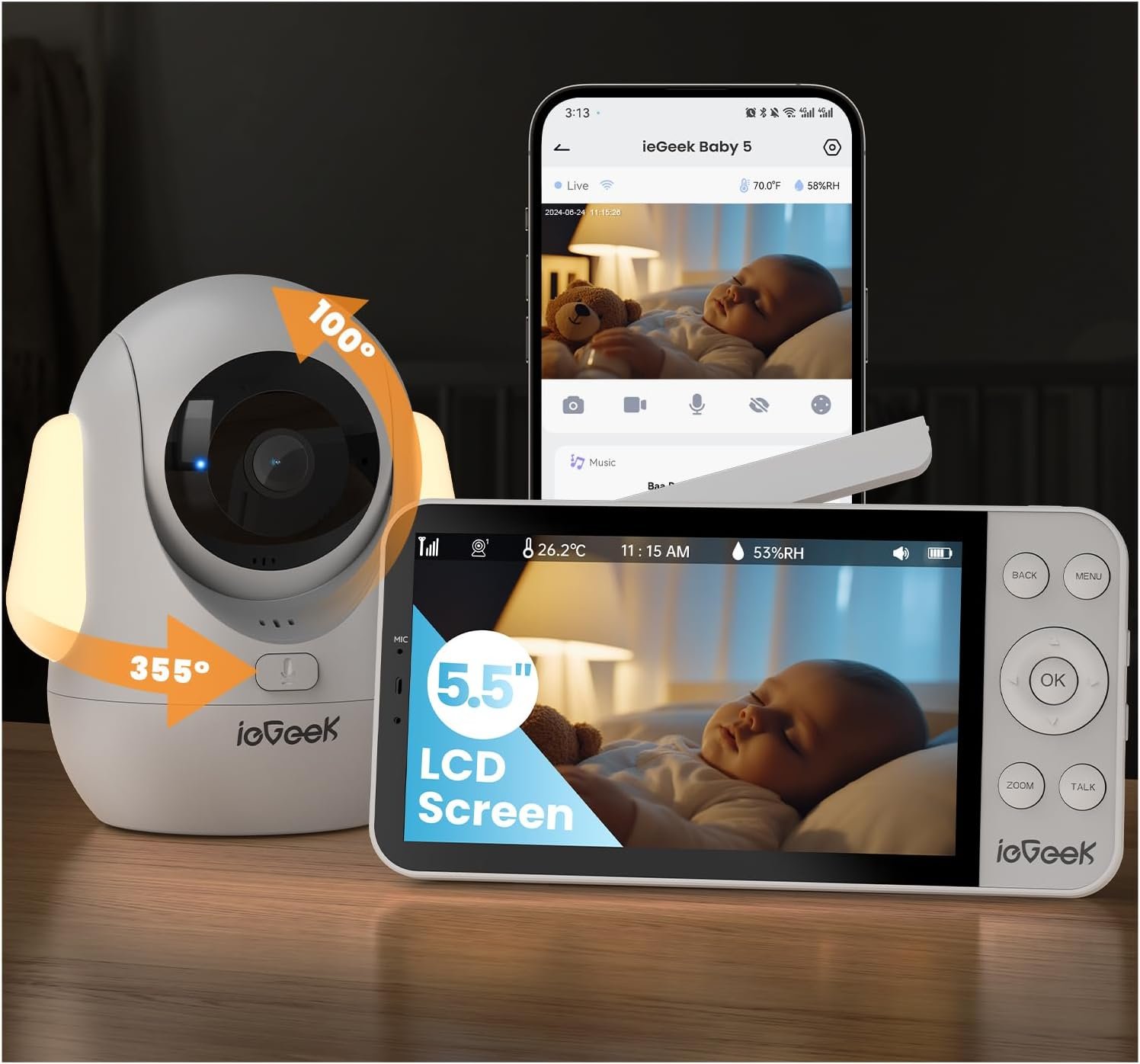 ieGeek 2.5K Baby Monitor with RGB Light, 4000mah Battery, 5.5" Wireless Display, Upgrade AI Face Cover/Prone Sleep Detection, 2.4G/5G WiFi Moniteur Bébé, 360° PTZ, Temp&Humidity, Smart Baby Camera