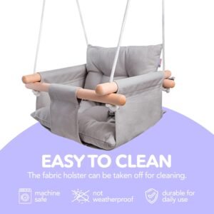 Canvas Baby Swing with Safety Belt | Indoor & Outdoor Wooden Swing - Taupe Gray - Image 5