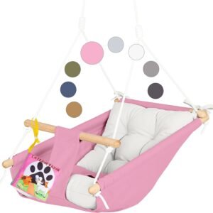 CaTeam - Canvas Kids Swing, Wooden Hanging Swing Seat Chair with Safety Belt, Durable Toddler Swing Chair, Outdoor and Indoor Swing for Kid, Mounting Hardware Included, Pink